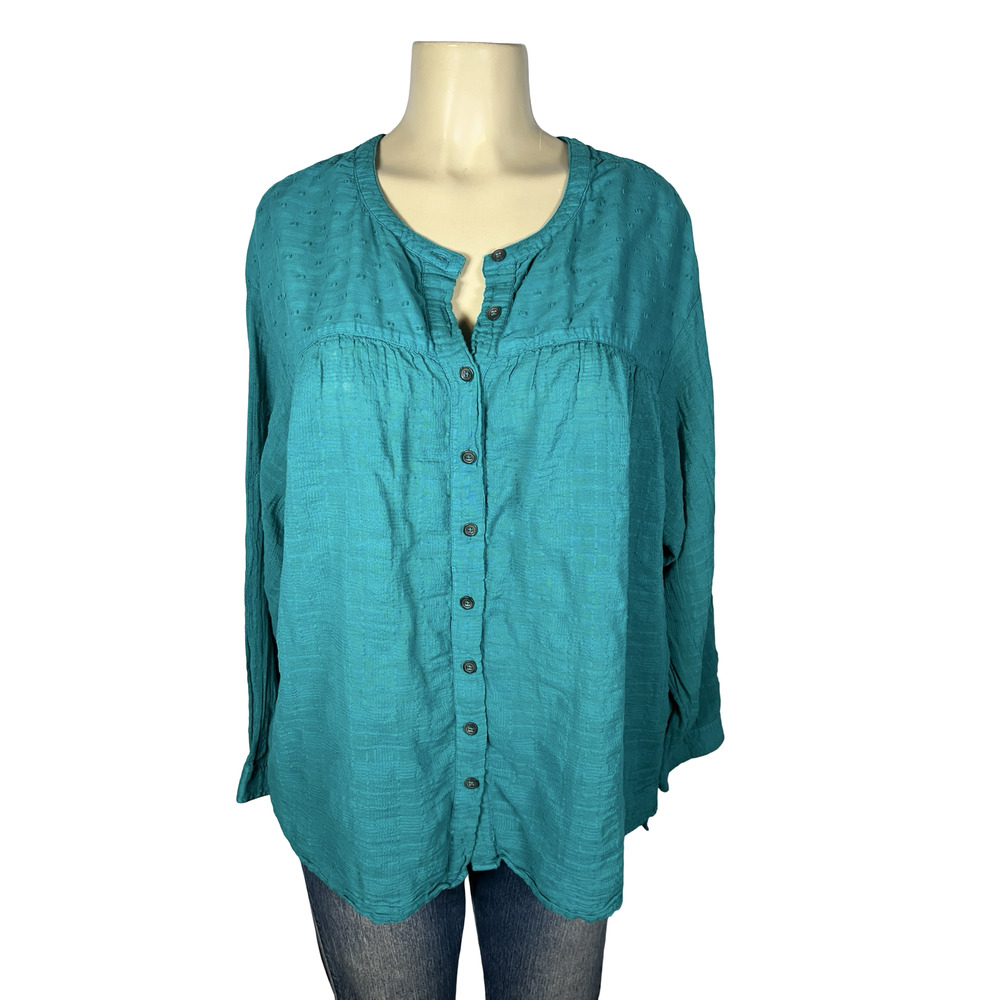 Pilcro By Anthropologie Tunic Top Womens XL Green Textured Button Front Boho